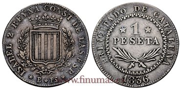 Cy16069.- ISABEL II 1 Peseta 1836 Cataluña 1836. PLATA -MBC