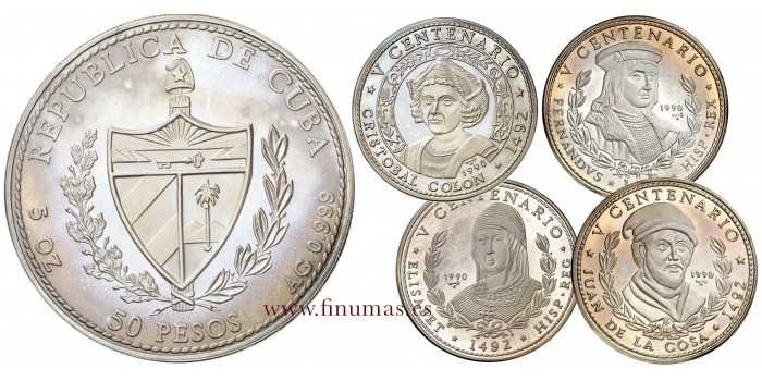 CUBA - K-0294/7.L - 4 x 50 PESOS 1990 V CENTENARIO. PROOF - PLATA