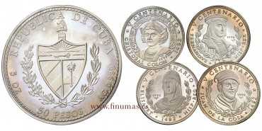 CUBA - K-0294/7.L - 4 x 50 PESOS 1990 V CENTENARIO. PROOF - SILVER