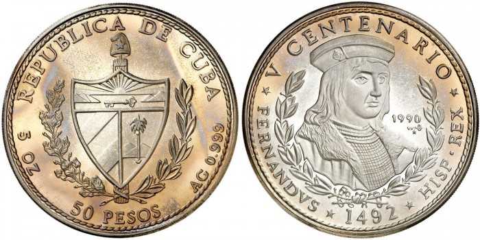 CUBA - K-0294/7.L - 4 x 50 PESOS 1990 V CENTENARIO. PROOF - PLATA