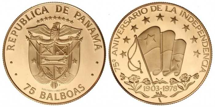 PANAMA - K-055 - 75 BALBOAS 1978. INDEPENDENCE. PROOF- Gold