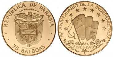 PANAMA - K-055 - 75 BALBOAS 1978. INDEPENDENCIA. PROOF- Oro
