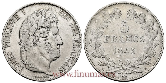 FRANCIA - K-0749 - 5 Francos 1845 A - MBC+