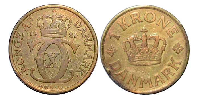 DINAMARCA - K-824.1 - 1 KRONE 1924 - Christian X. MBC- RARA