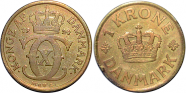 DENMARK - K-824.1 - 1 KRONE 1924 - Christian X. MBC- RARE