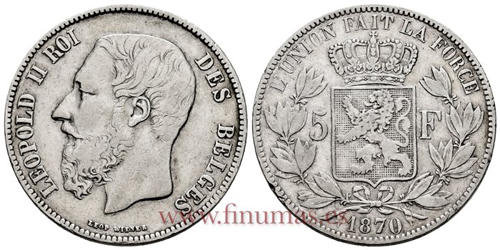 BELGICA - K-024 - 5 Francos 1870 - MBC- 