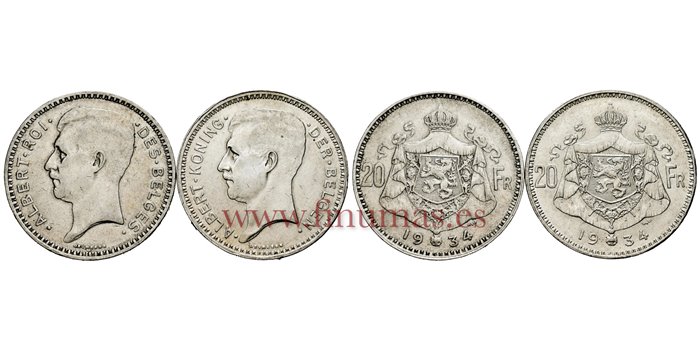 BELGICA - K-103/4 - 20 Francos 1934 - MBC+ 2piezas