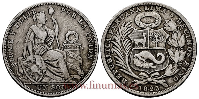 PERU - K-218.1 - 1 Sol 1923. Variante Incusa- MBC-