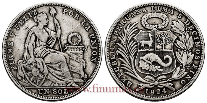 PERU - K-218.1 - 1 Sol Sobrefecha 1924/1824 - BC+