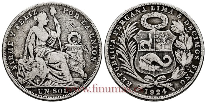 PERU - K-218.1 - 1 Sol Sobrefecha 1924/1824 - BC