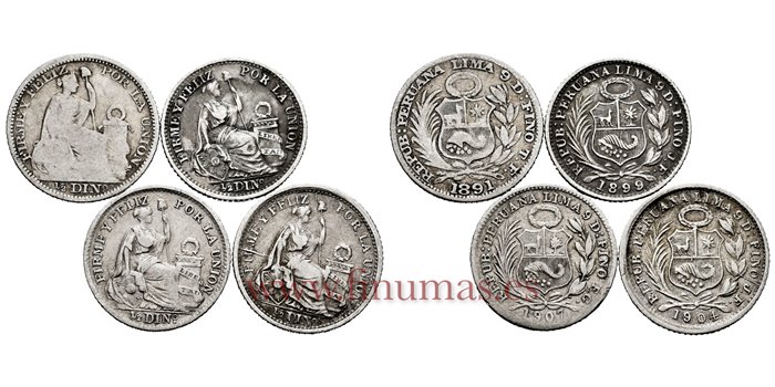 PERU - K-206 - Lote 1/2 Dinero 1891.1899.1904.1907 -  BC/MBC
