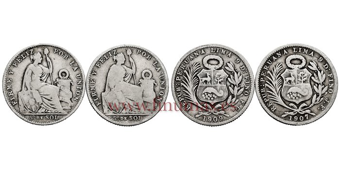 PERU - K-205 - Lote 1/5 Sol 1907 y 1909 -  BC