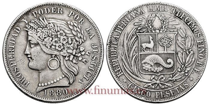 PERU - K-201.1 - 5 Pesetas 1880 B - MBC