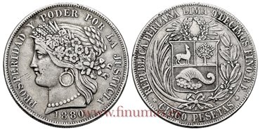 PERU - K-201.1 - 5 Pesetas 1880 B - MBC