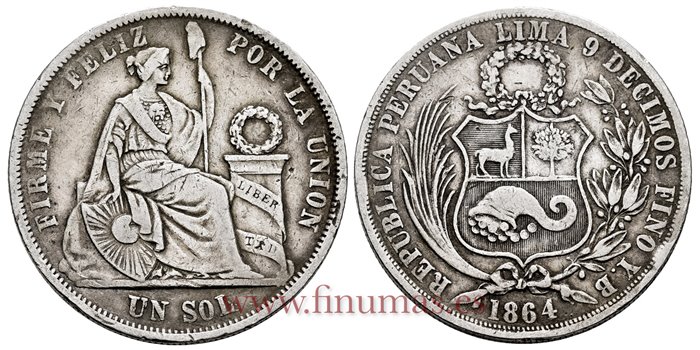 PERU - K-196 - 1 Sol 1864 YB - MBC