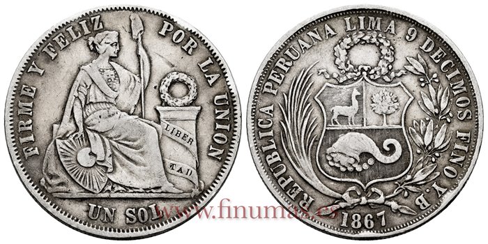 PERU - K-196 - 1 Sol 1867 YB - MBC