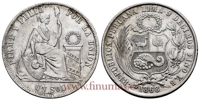 PERU - K-196 - 1 Sol 1868 YB - EBC