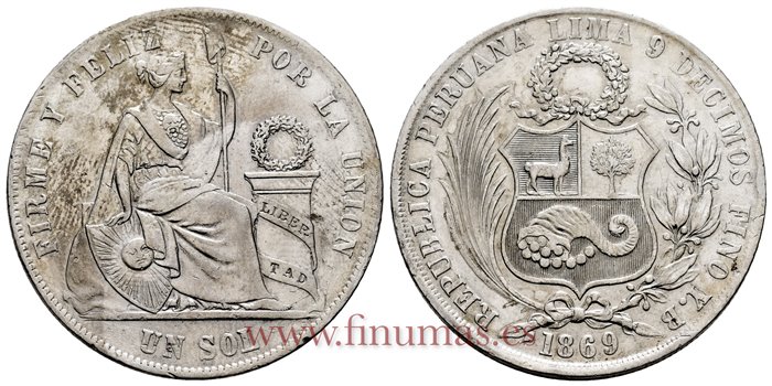 PERU - K-196 - 1 Sol 1869 YB - EBC