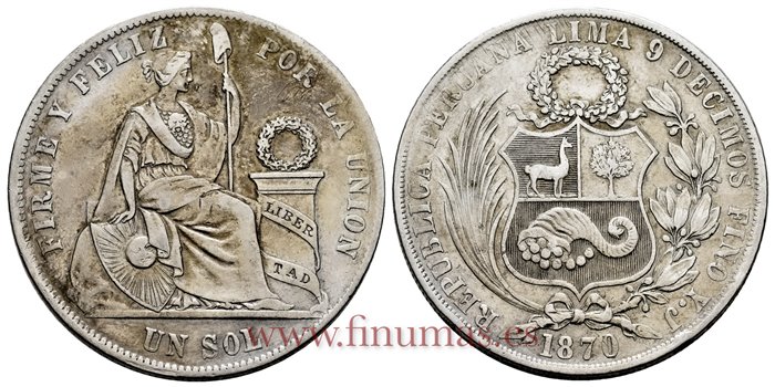 PERU - K-196 - 1 Sol 1870 YJ - EBC-