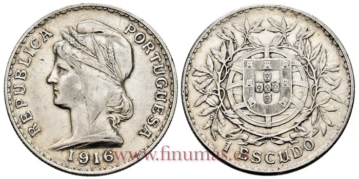 PORTUGAL - K-564 - 1 Escudo 1916 - MBC+/EBC-