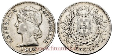 PORTUGAL - K-564 - 1 Escudo 1916 - MBC+/EBC-