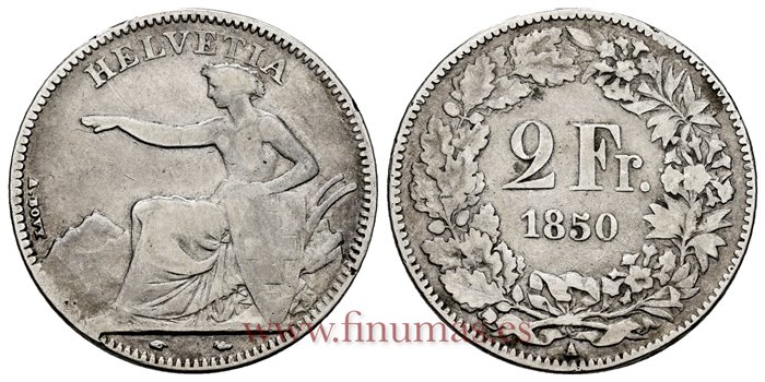 SUIZA - K-010 - 2 Francos 1850 - BC
