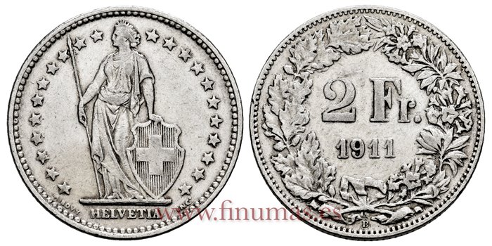 SUIZA - K-021 - 2 Francos 1911 - MBC+