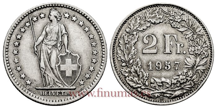 SUIZA - K-021 - 2 Francos 1957 - MBC+