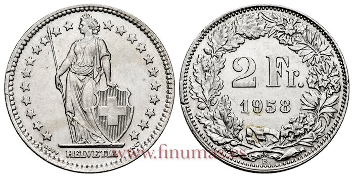 SUIZA - K-021 - 2 Francos 1958 - EBC+