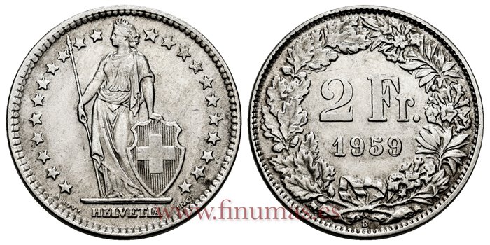 SUIZA - K-021 - 2 Francos 1959 - EBC