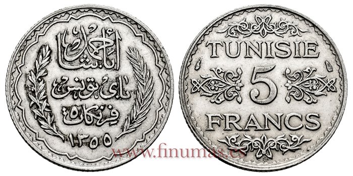 TUNEZ - K-261 - 5 Francos 1353 - EBC