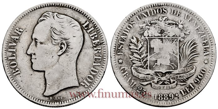 VENEZUELA - K-024 - 5 Bolivares 1889 - BC