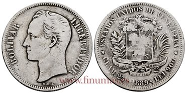 VENEZUELA - K-024 - 5 Bolivares 1889 - BC