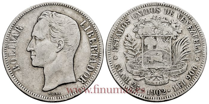 VENEZUELA - K-024 - 5 Bolivares 1902 - BC