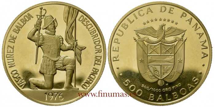 PANAMA - K-042 - 500 BALBOAS 1976. VASCO NUÑEZ BALBOA. PROOF- Oro