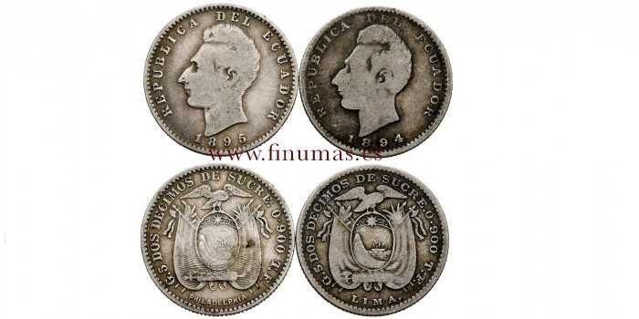 ECUADOR - K-051.3 - DOS DECIMOS DE SUCRE 1894 y 1895 - BC- Lote 2 piezas