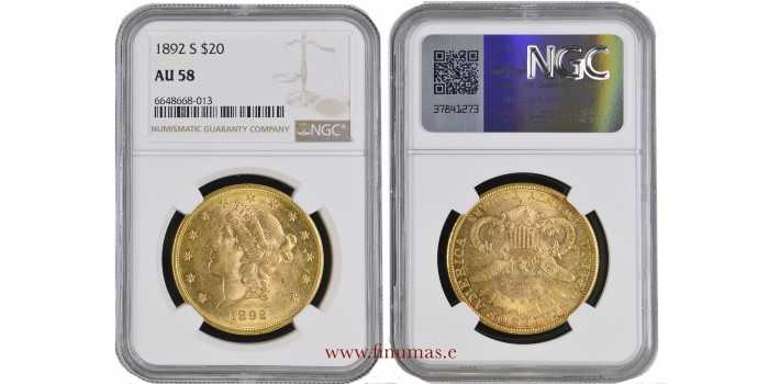 U.S.A. K-074.3.- 20 DOLLAR 1892 S. Liberty Head. GOLD. NGC AU58