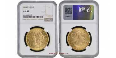 U.S.A. K-074.3.- 20 DOLLAR 1892 S. Liberty Head. GOLD. NGC AU58