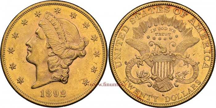 U.S.A. K-074.3.- 20 DOLLAR 1892 S. Liberty Head. GOLD. NGC AU58