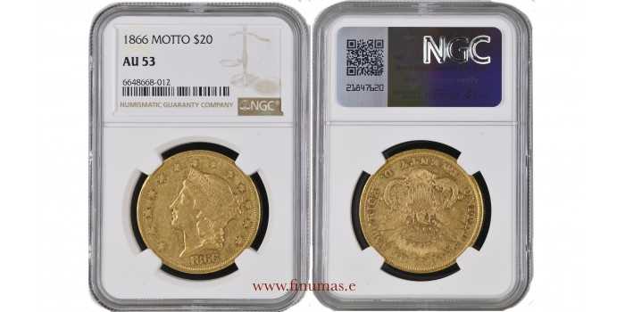 EE.UU  K-074.3.-  20 DOLLAR 1866  MOTTO. Liberty Head. ORO. NGC AU53