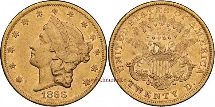 USA K-074.3.- 20 DOLLAR 1866 MOTTO. Liberty Head. GOLD. NGC AU53