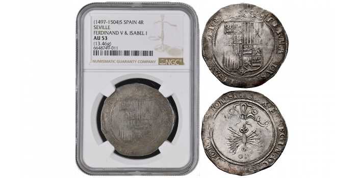 Cy02664.- REYES CATOLICOS 4 REALES 1469-1504 SEVILLA. LARGE FLAN - NGC AU53