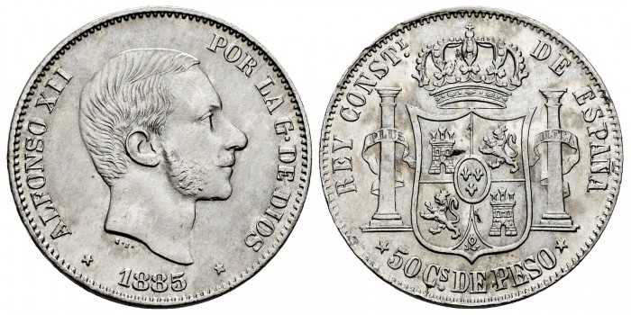 Cy16638H.- ALFONSO XII 50 Ctv. Peso 1885 Manila.- EBC/EBC+