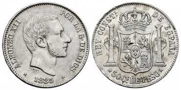 Cy16638H.- ALFONSO XII 50 Ctv. Peso 1885 Manila.- EBC/EBC+