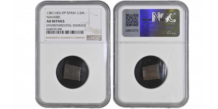 Cy13894.-FERNANDO VII -1/2 Maravedi VARIANT 1381 Pamplona - NGC AU