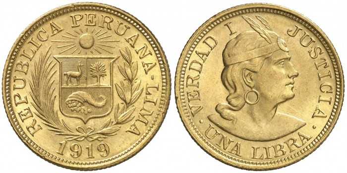 PERU - K-207 - 1 LIBRA 1919 - ORO