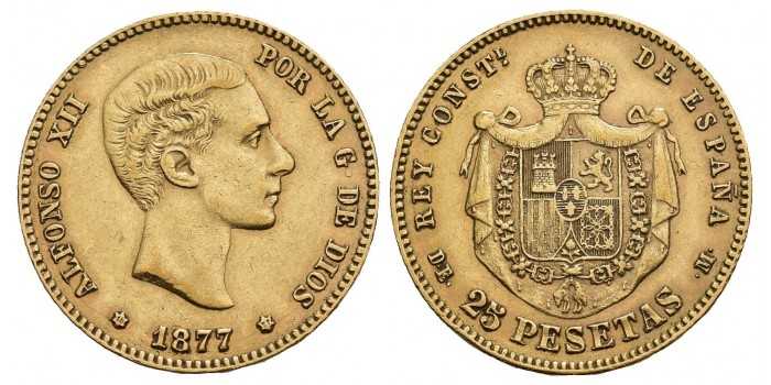 Cy16601.- ALFONSO XII - 25 Pesetas gold 1877 (18-77) DEM. MBC+ MBC+