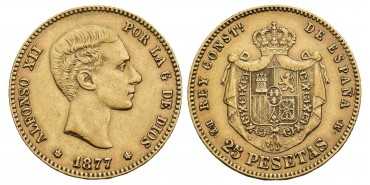 Cy16601.- ALFONSO XII - 25 Pesetas gold 1877 (18-77) DEM. MBC+ MBC+