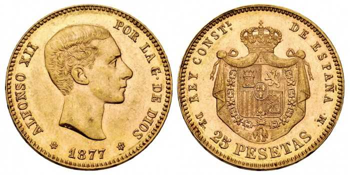 Cy16601.- ALFONSO XII -  25 Pesetas oro 1877 (18-77) DEM. SC-