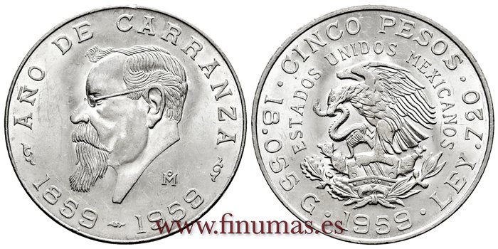 MEXICO - K-471 - 5 Pesos 1959 AÑO DE CARRANZA - SC 
